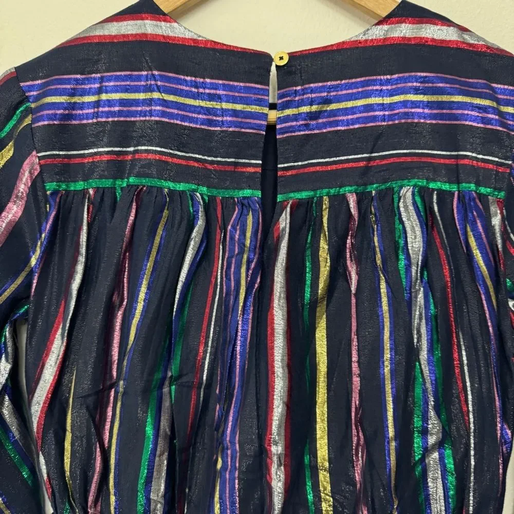 Girls' Puff-sleeve Dress In Metallic Rainbow Stripe Size 14